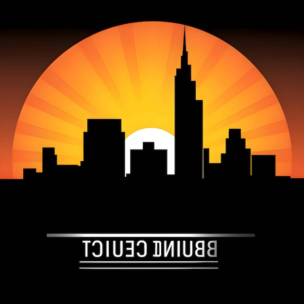 Black silhouette of buildings on sunset background