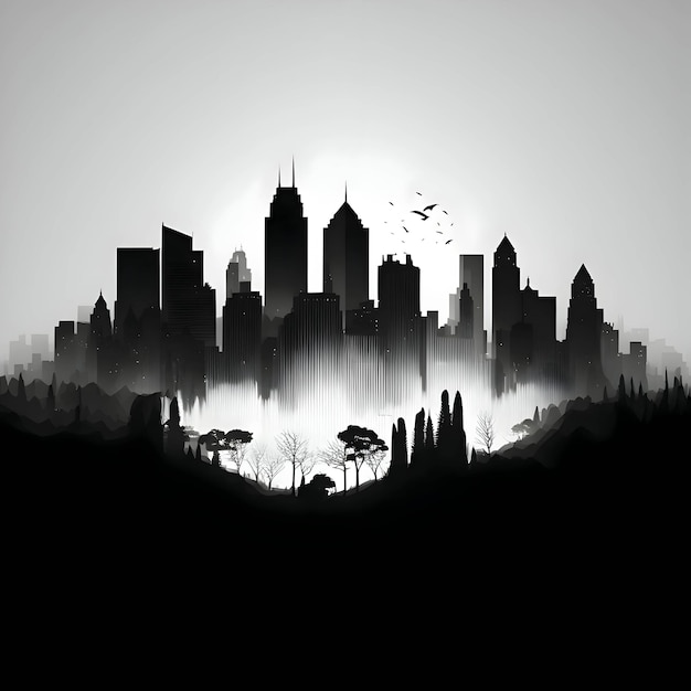 Black silhouette of buildings on white background