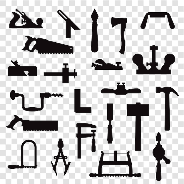 Black Silhouette of carpenter builders tools isolated on transparent grid