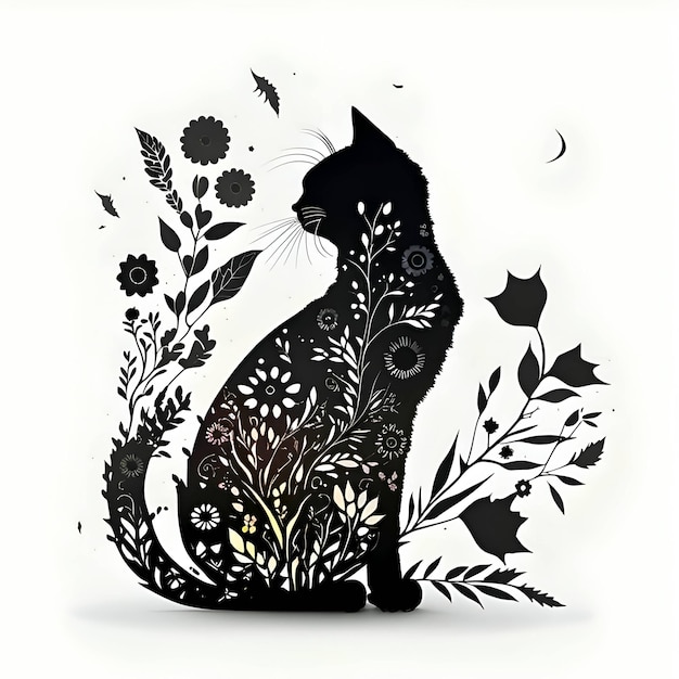 Black silhouette of a cat with flowers on white background