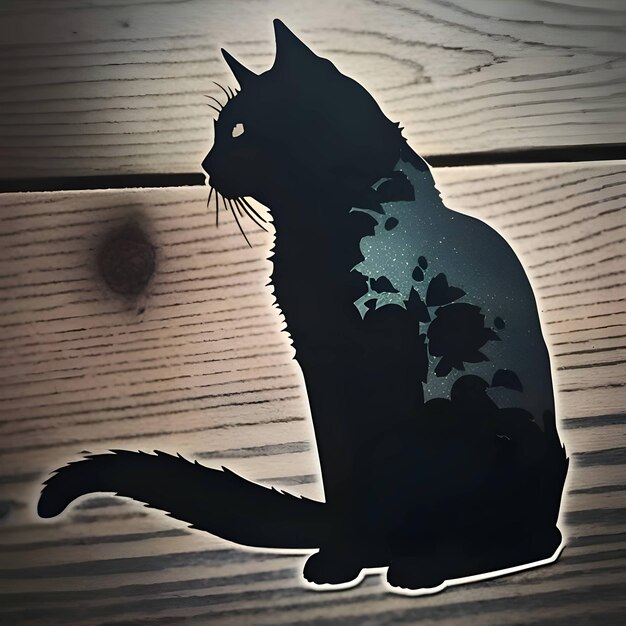 Black silhouette of a cat on wood in background