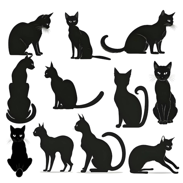 Vector black silhouette of a cats set on white background