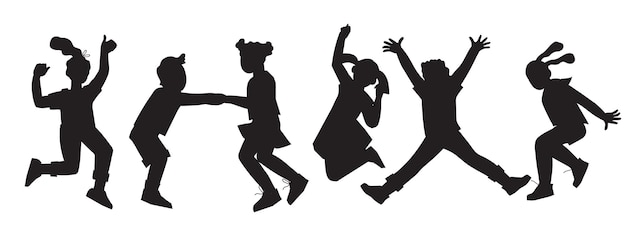 Black silhouette of children jumping for joy Active kids jumping or trampolining