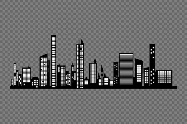 Black silhouette of a city with a lot of buildings.