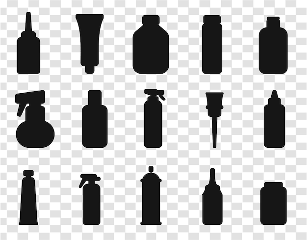 Black Silhouette of cosmetics bottles head isolated on transparent grid backgrounds