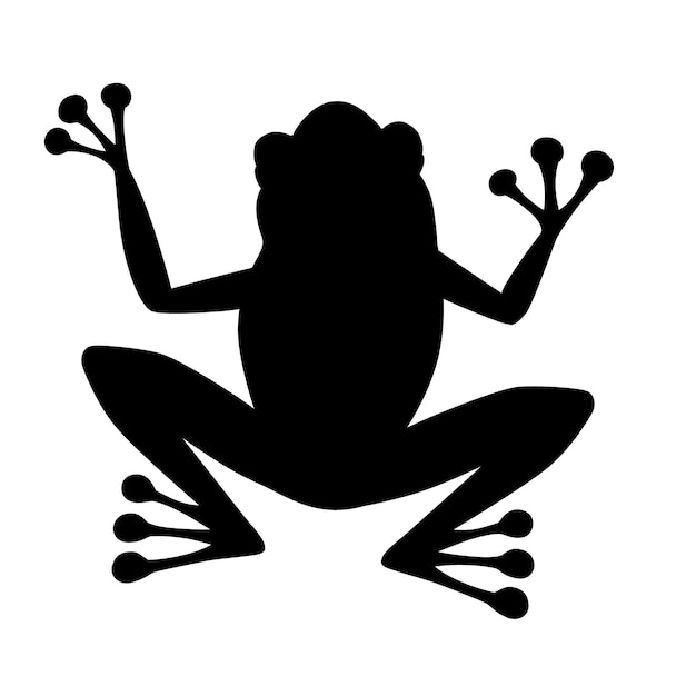 Vector black silhouette cute smiling frog sitting on ground cartoon animal design flat vector illustration isolated on white background.