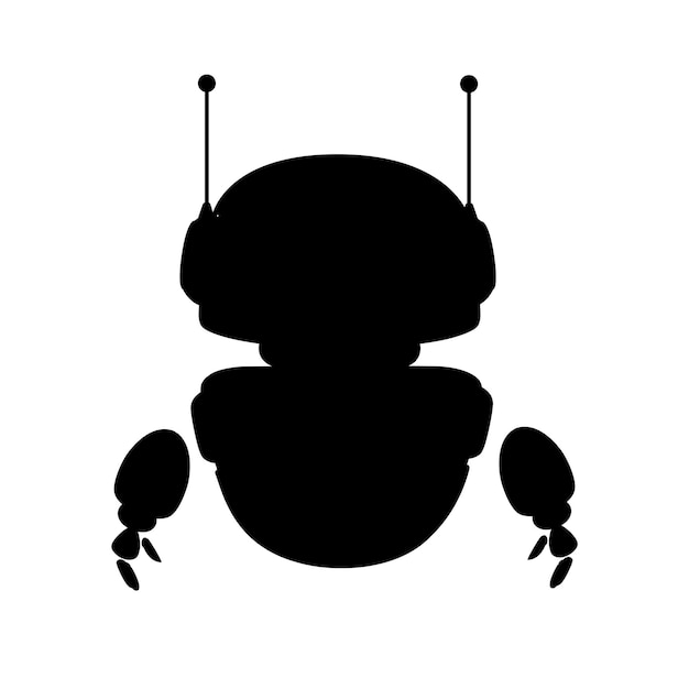 Black silhouette cute white modern levitating robot with happy face flat vector illustration