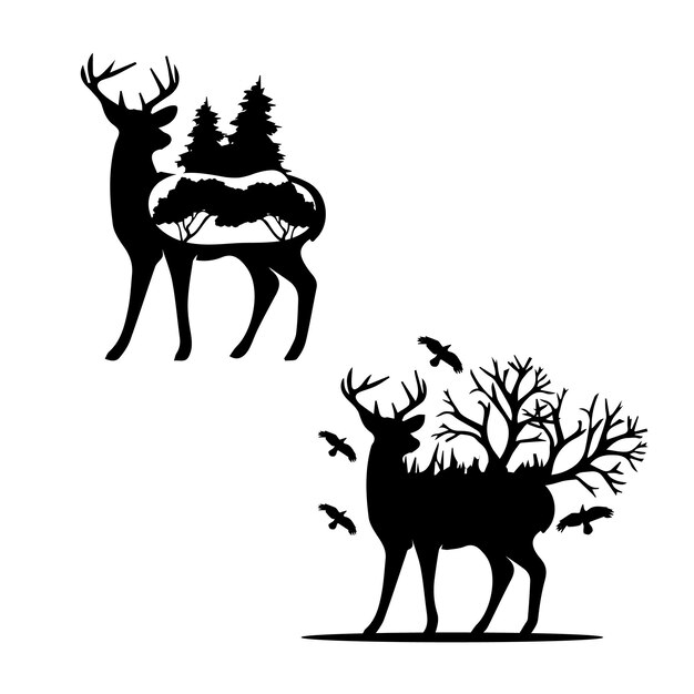 Vector black silhouette deer in the forest isolated vector