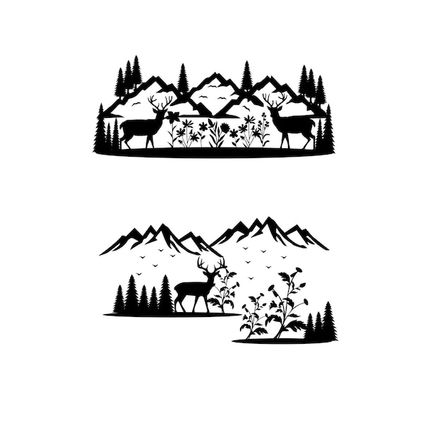 Black silhouette of deer mountains and forest trees