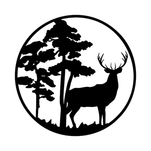 Vector black silhouette of deer standing among the trees on grass vector illustration of forest with pine tree in circle round sign deer hunting isolated on white