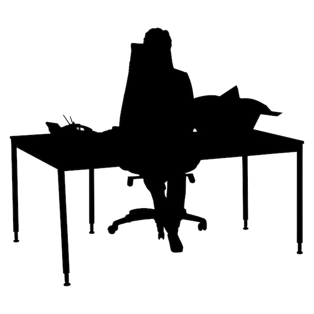 a black silhouette of a desk with a chair and a desk with a book on it