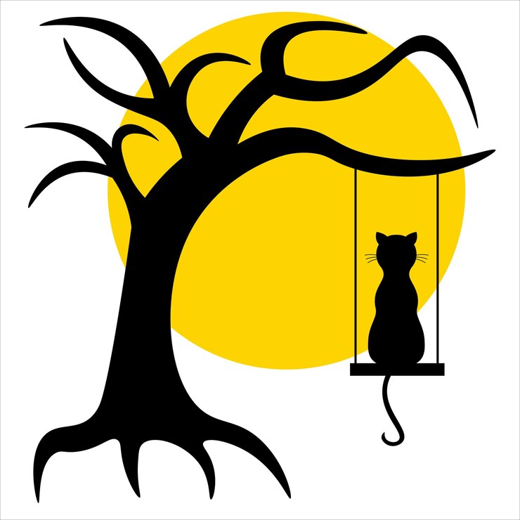 Vector black silhouette of dry bare tree and cat on swings on moon background halloween scary spooky tree