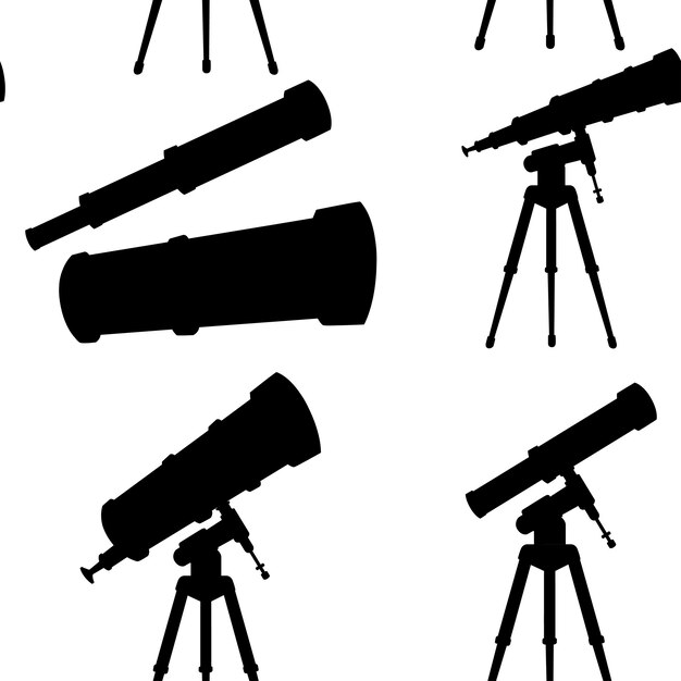 Vector black silhouette eamless pattern of telescopes with stands and without flat vector illustration on white background.