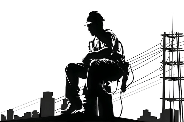 Black silhouette of a electrician on white background