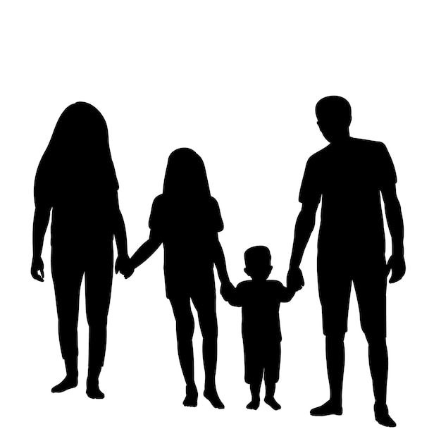 Vector black silhouette family children and mom with dad