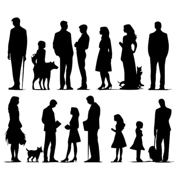 Una silhouette nera di una famiglia con un vettore di cane