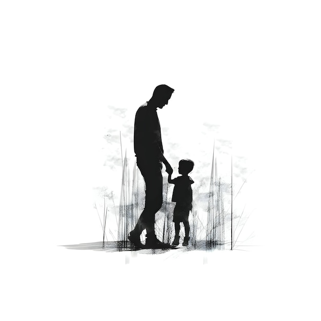 Black silhouette of father and son on white background