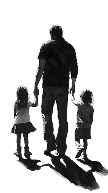 Black silhouette of a father with two children on white background
