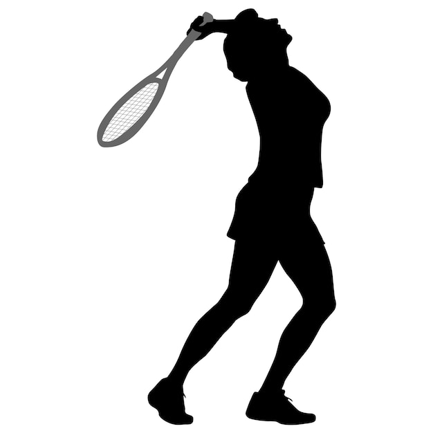 Vector black silhouette of female badminton player on white background