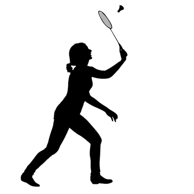 Vector black silhouette of female badminton player on white background