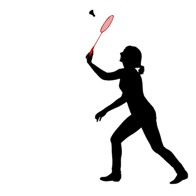 Black silhouette of female badminton player on white background