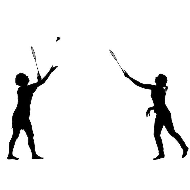 Vector black silhouette of female badminton player on white background