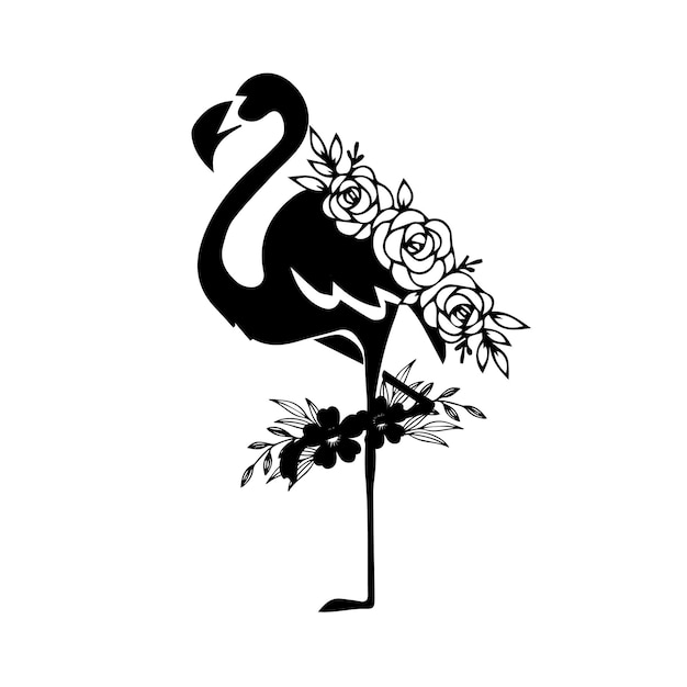 A black silhouette of a flamingo with roses on the bottom.