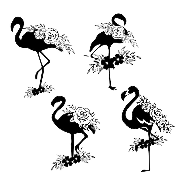 A black silhouette of flamingos with flowers on them.