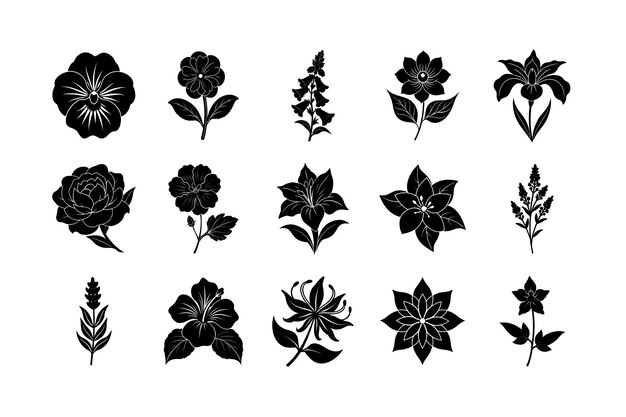 Vector black silhouette flower icon set vector illustration elegant floral icons