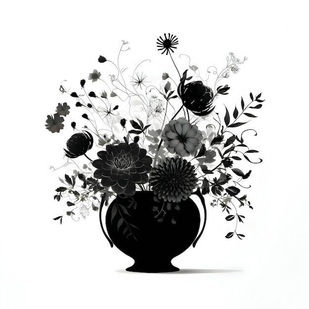 Black silhouette of flowers in a vase on white background