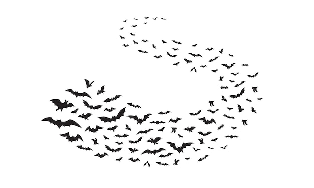 Vector black silhouette of flying bats flock