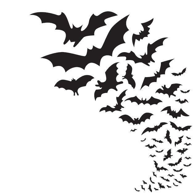 Black silhouette of flying bats flock