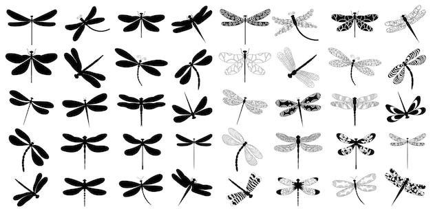 Black silhouette flying dragonfly doodle