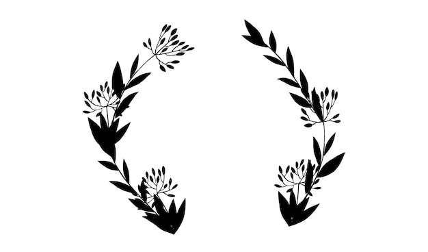 Черная рамка силуэта, нарисованная слева и справа ветвями деревьев с листьями и ягодами, ботанические цветы, цветочные, нарисованные вручную, в скандинавском стиле, элемент художественного дизайна, плоская векторная иллюстрация
