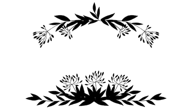 Sagoma nera cornice superiore e inferiore rami di albero disegnati a mano con foglie e bacche fiori botanici floreale disegnato a mano in stile scandinavo arte design elemento piatto illustrazione vettoriale