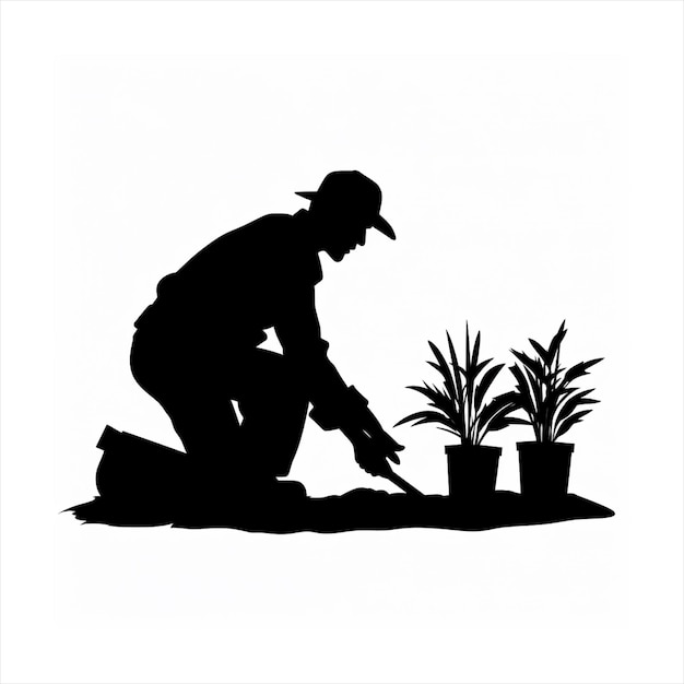 Vector black silhouette of a gardener tending to plan