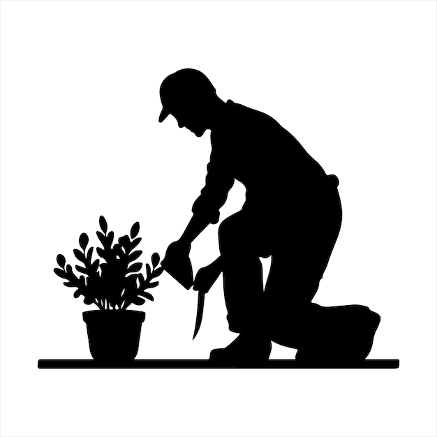 Black silhouette of a Gardener tending to plan