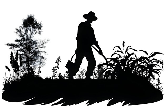 Vector black silhouette of a gardener on white background