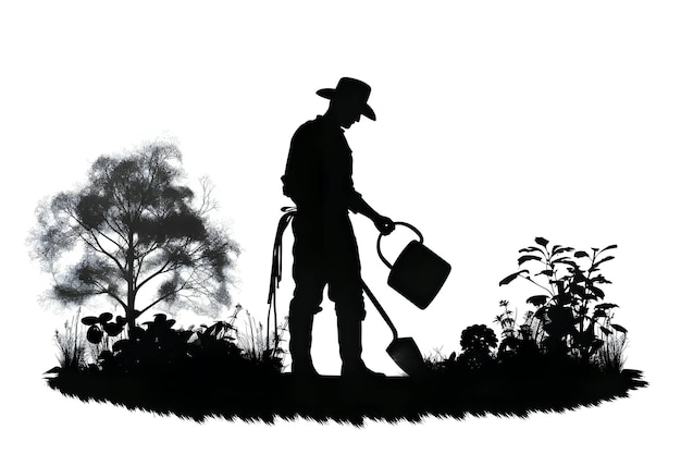 Vector black silhouette of a gardener on white background