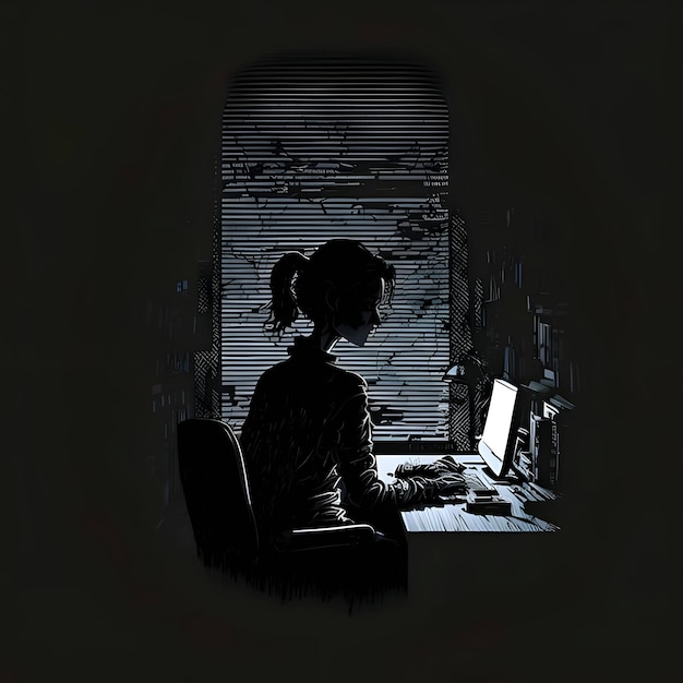 Vector black silhouette of a girl on dark background