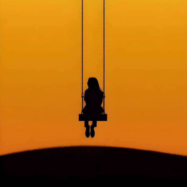 Black silhouette of a girl on a swing on orange background