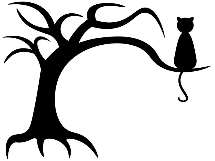 Vector black silhouette of a gnarled dry bare tree and cat halloween scary spooky dead tree