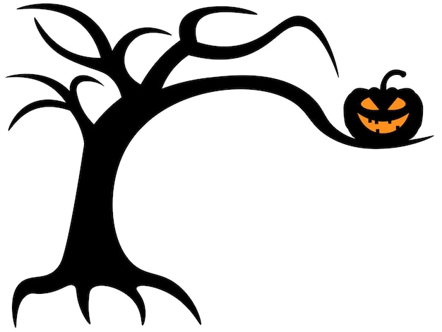 Black silhouette of a gnarled dry bare tree and pumpkin halloween scary spooky dead tree