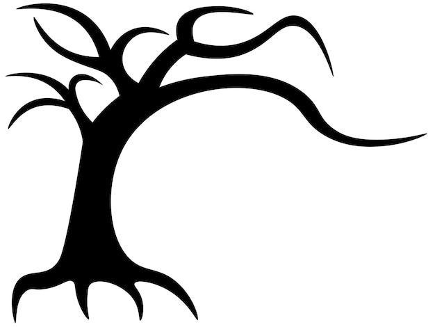 Черный силуэт корявого сухого голого дерева на белом фоне Хэллоуин страшное жуткое мертвое дерево