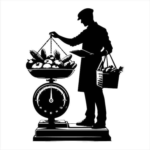 black silhouette of a grocer weighing products on a white background