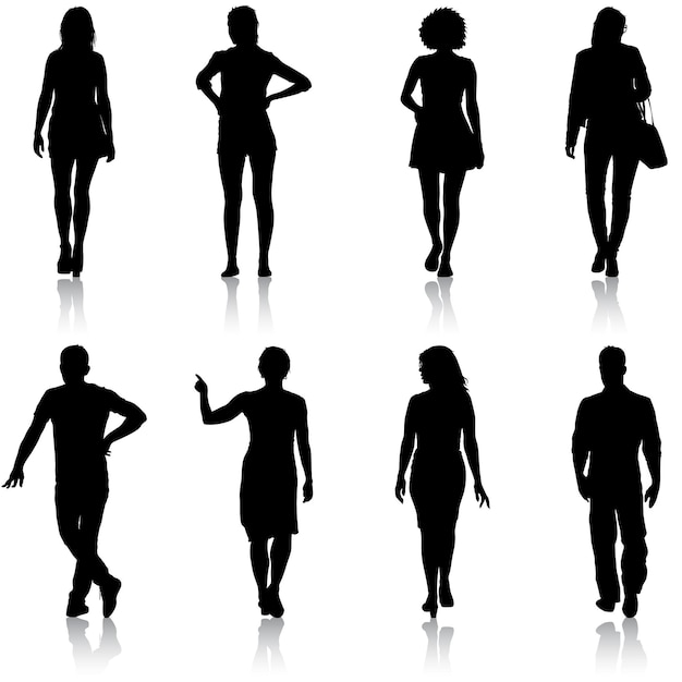 Black silhouette group of people standing in various poses