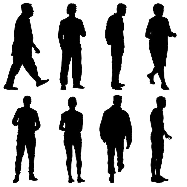 Vector black silhouette group of people standing in various poses