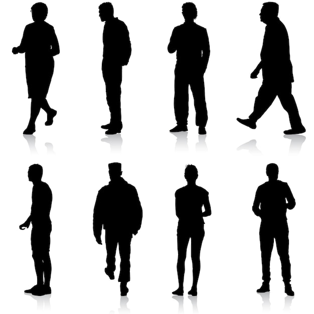 black silhouette group of people standing in various poses