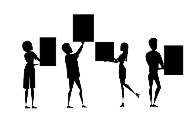 Vector black silhouette group of people with upraised arms holding empty blank sign cartoon character