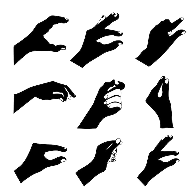 Black Silhouette of hands gesture set human palm fingers touch isolated on white background